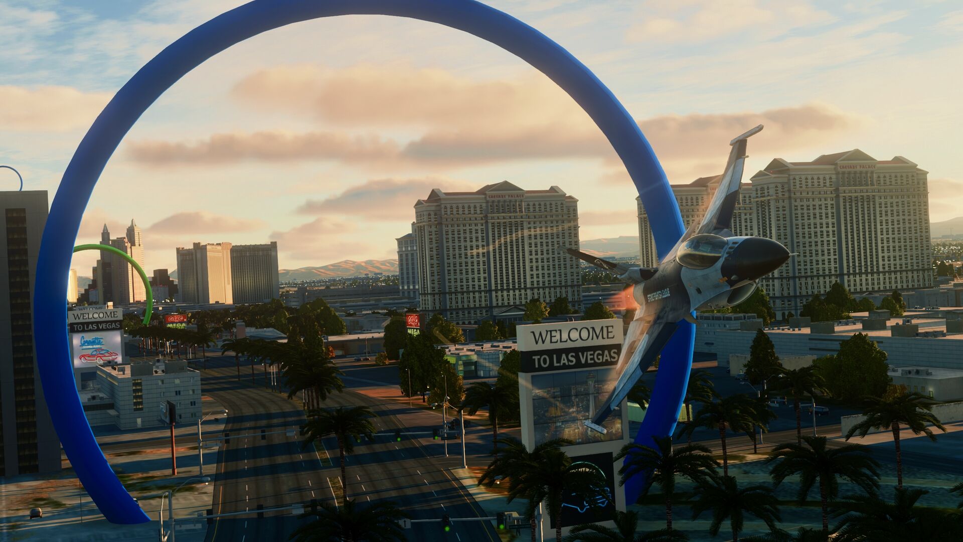 SFL F-16 flying through a standardized course gate above the Las Vegas Strip