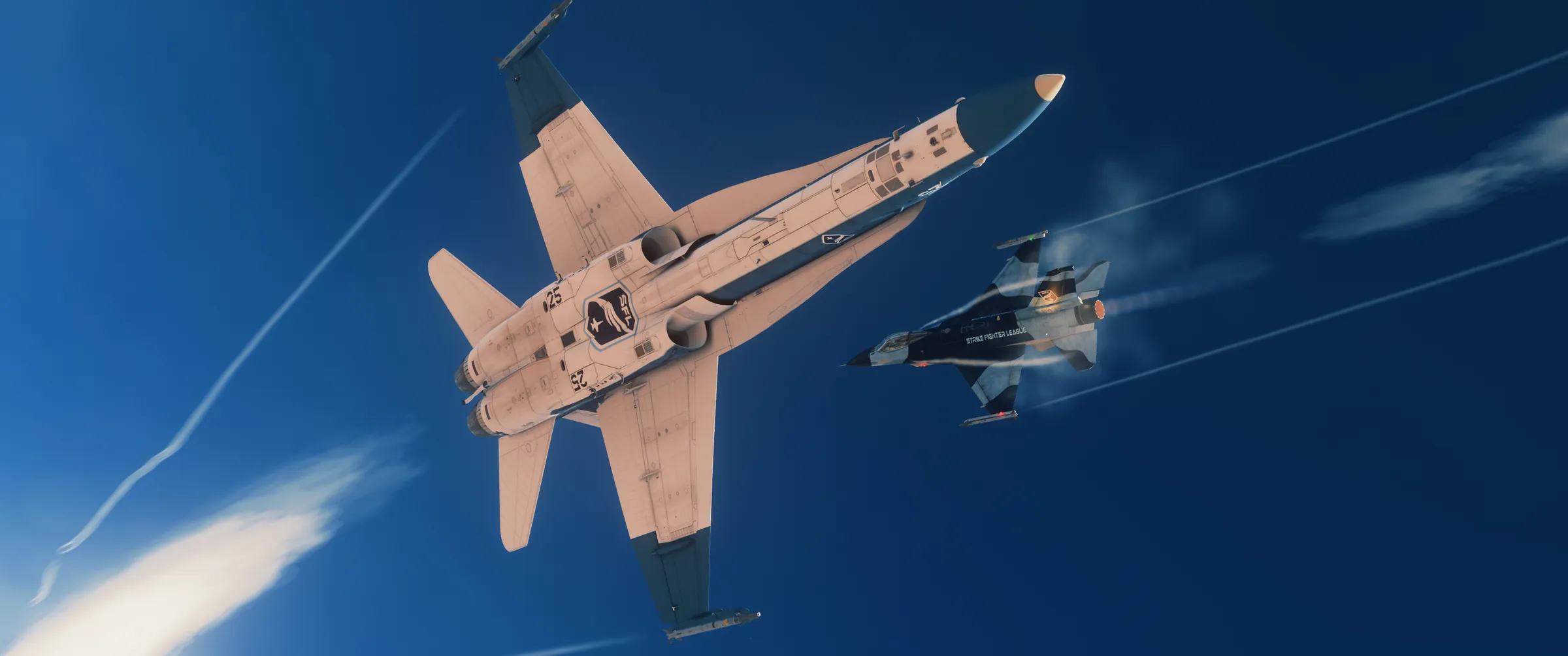 An SFL F/A-18 Hornet and F-16 Viper in a vertical merge